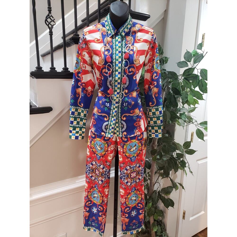 Banjul Women's Multicolor Collared Long Sleeve Blouse & Pant 2 Piece Suit Small